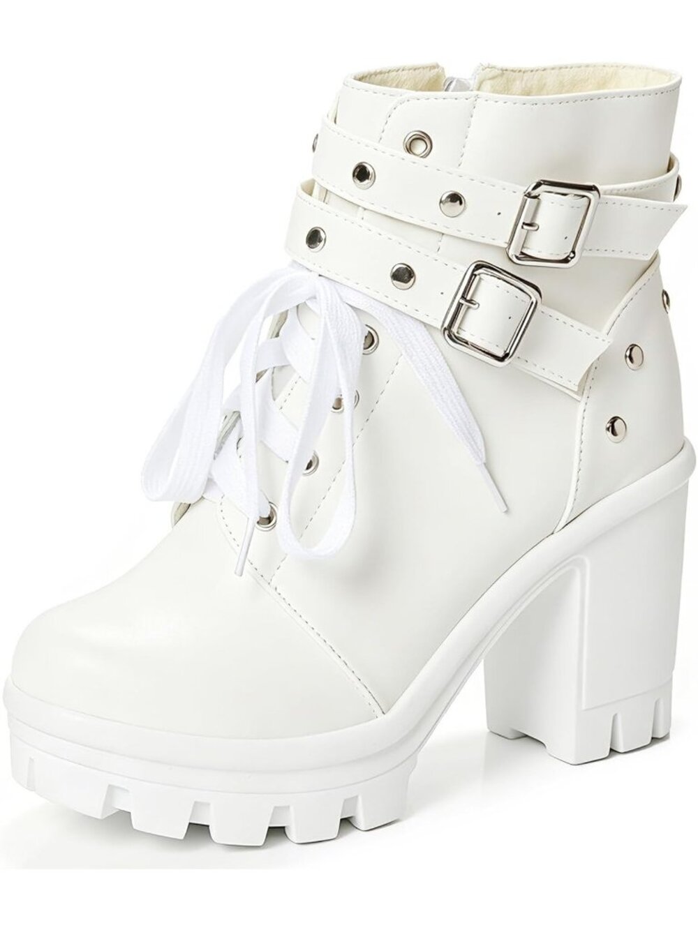 Women's Chunky Heel White Buckle Rivets Block Heel Round Toe Zipper Ankle Boots
